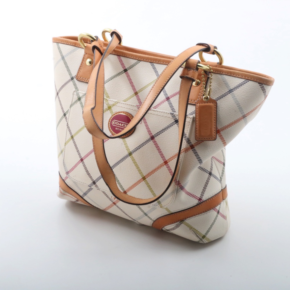 Coach Peyton Tattersall White Multicolor Tote Shoulder Bag