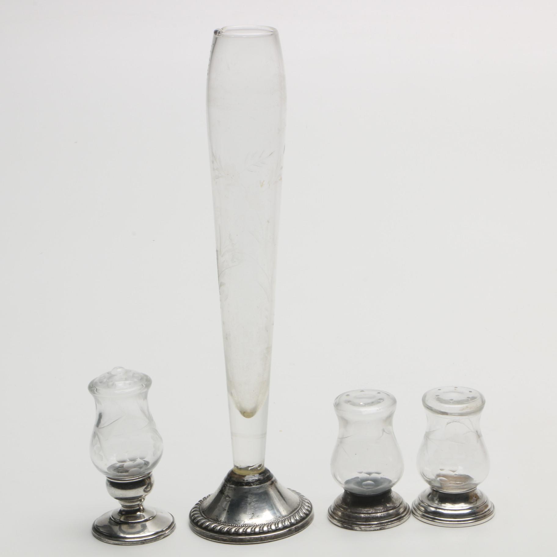 Duchin Creation and Other Weighted Sterling and Etched Crystal Shakers with Vase