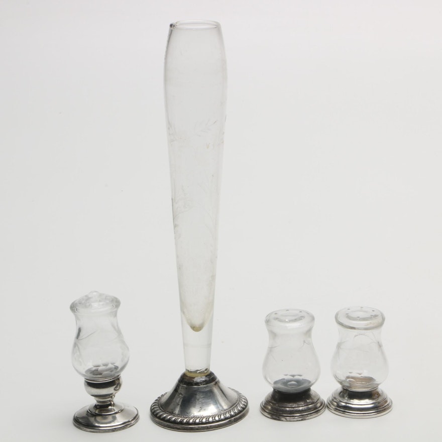 Duchin Creation and Other Weighted Sterling and Etched Crystal Shakers with Vase