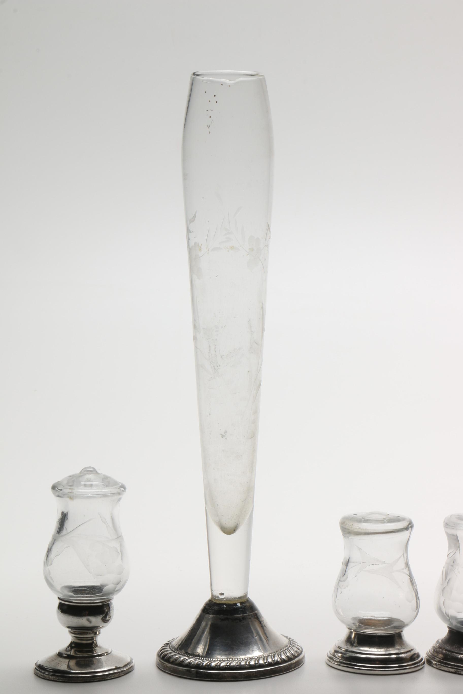 Duchin Creation and Other Weighted Sterling and Etched Crystal Shakers with Vase