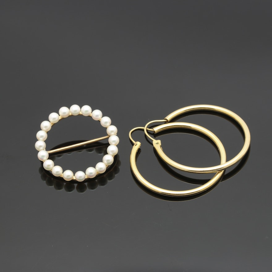 14K Yellow Gold Cultured Pearl Brooch and Hoop Earrings