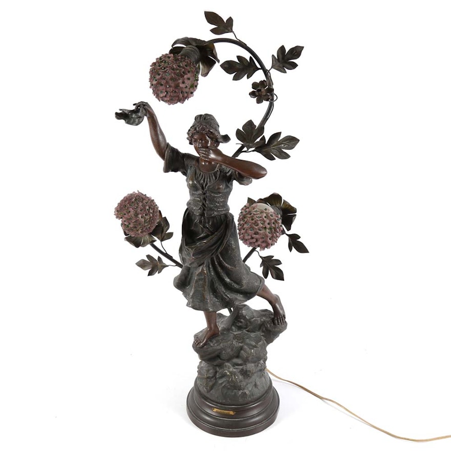 Vintage French Art Noveau Style "Allégresse" Cast Bronze Table Lamp