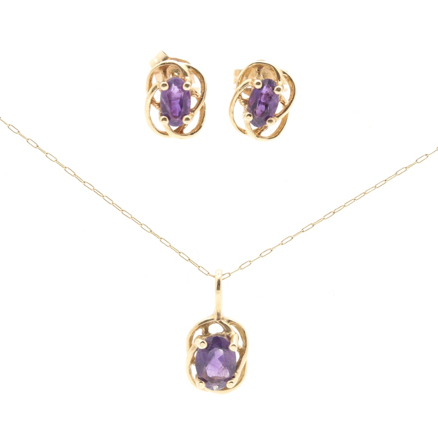 14K Yellow Gold Amethyst Pendant Necklace and Earrings