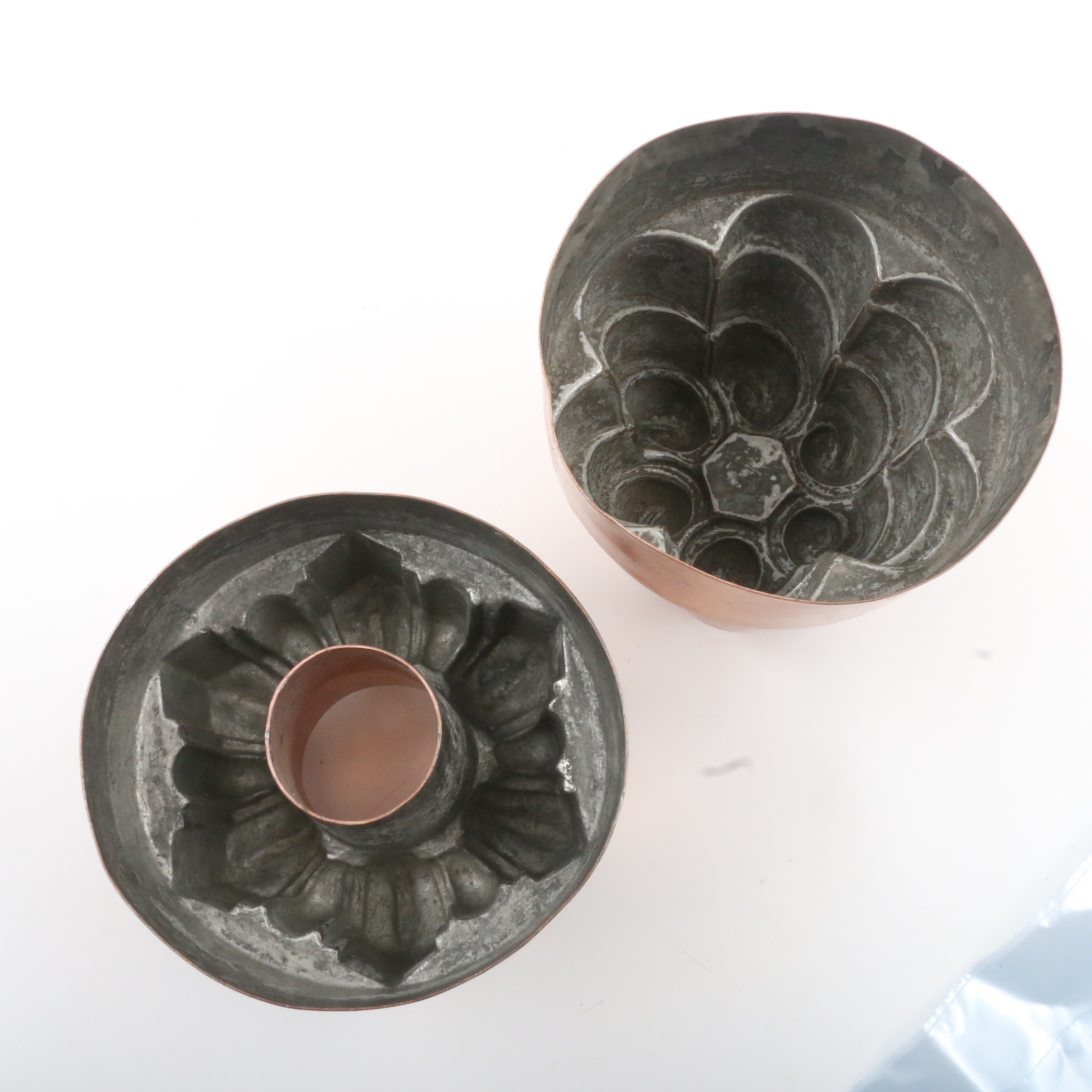 Antique English Copper Jelly Moulds including Benham Froud