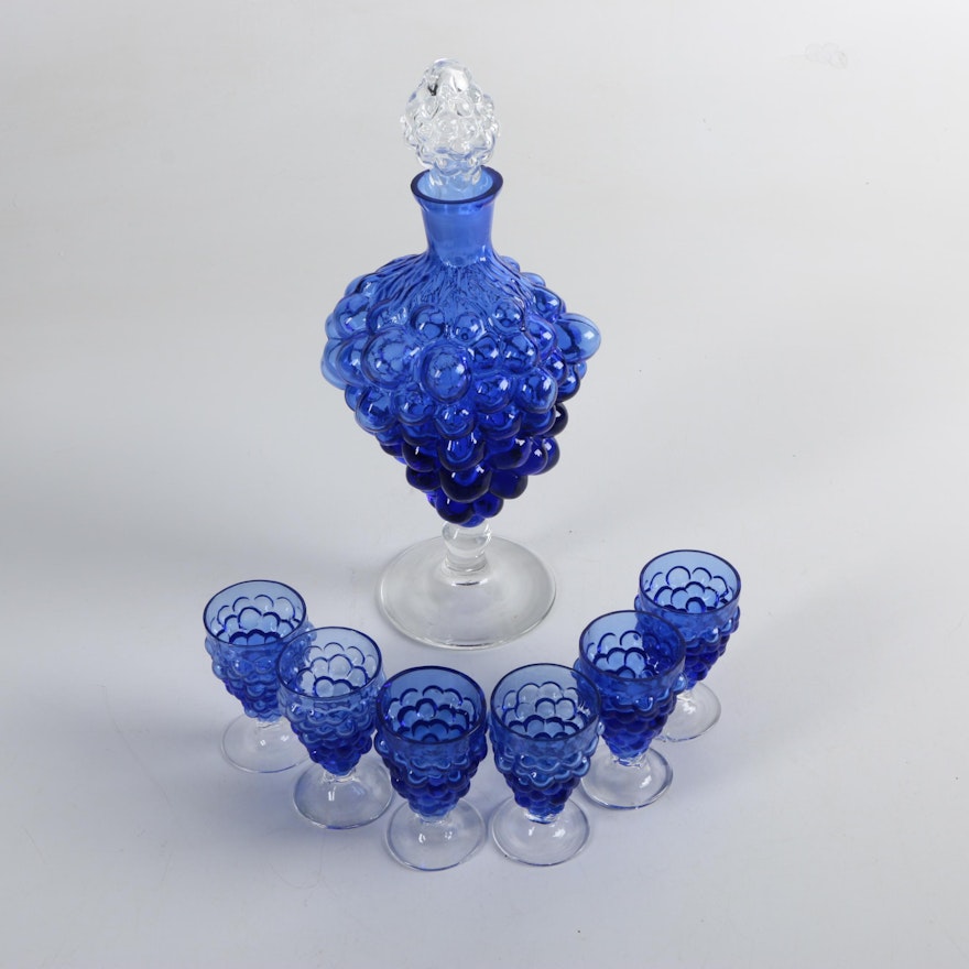 Blue Art Glass Grape Cluster Decanter with Cordial Glasses
