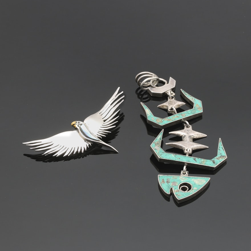 Selection of Sterling Silver Jewelry Featuring Los Castillo Taxco Bird Brooch