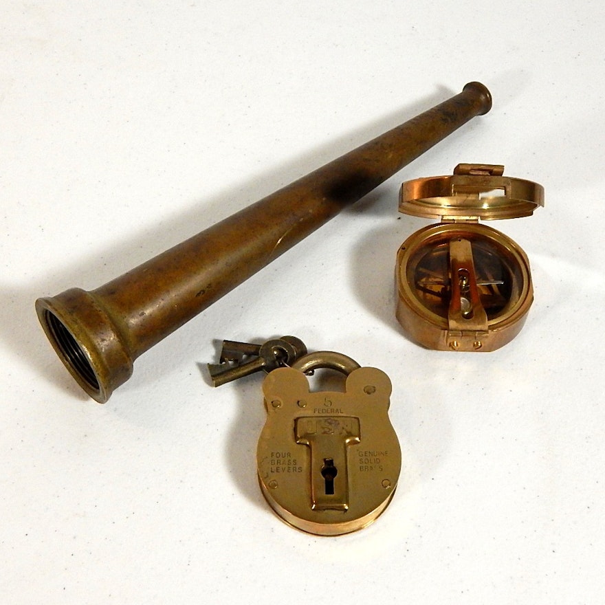 Brass Collectibles with Fire Hose Nozzle, Lock, and Compass