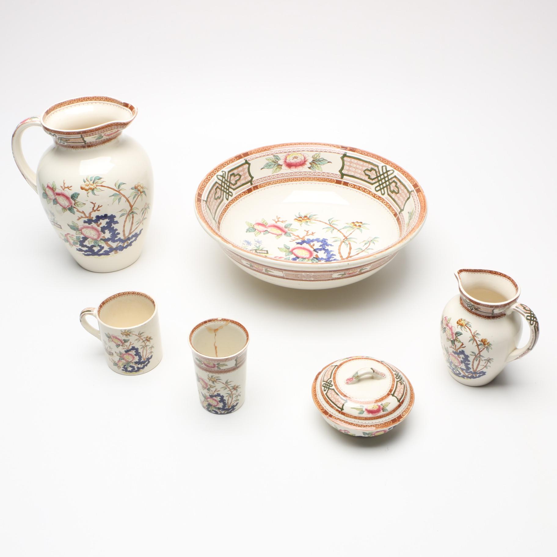 Antique Furnivals "Cashmere" Pitcher, Basin, and Shaving Set