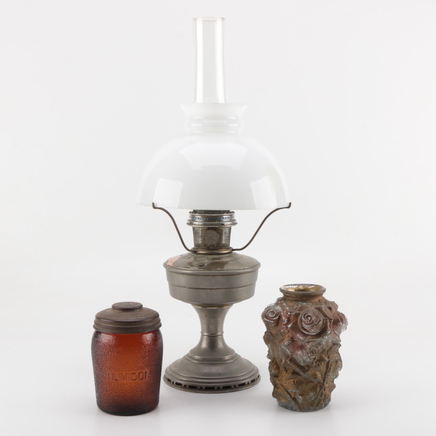 Aladdin Industries Model 12 Oil Lamp with Glass Vase and Humidor