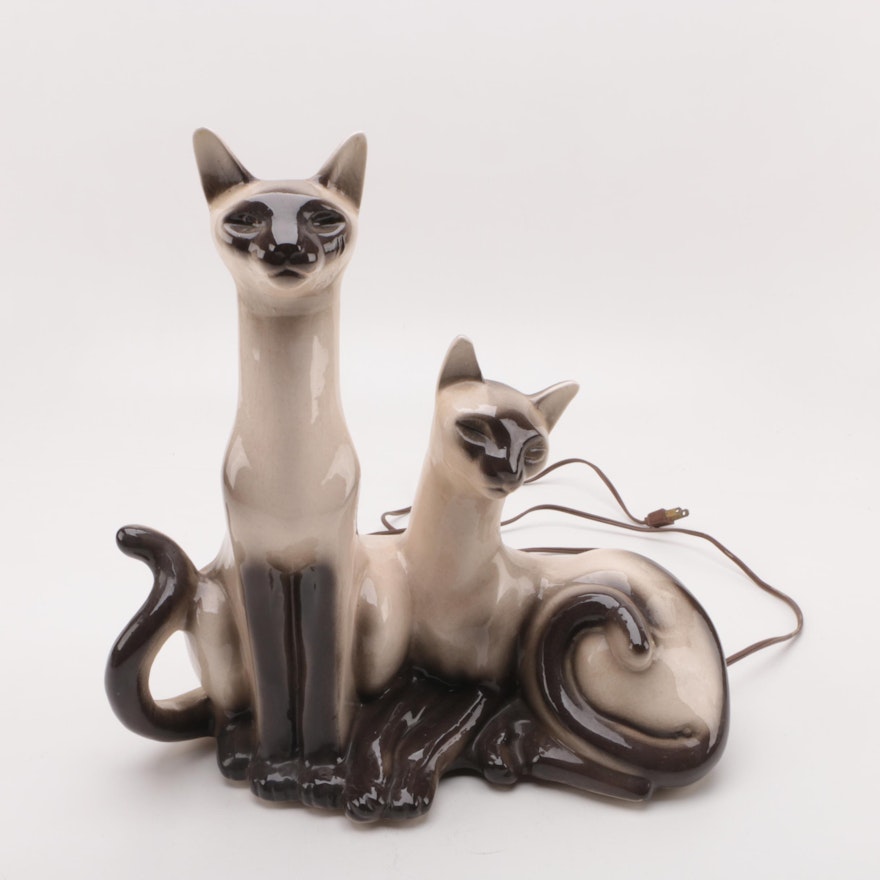 Vintage Ceramic TV Lamp of Siamese Cats