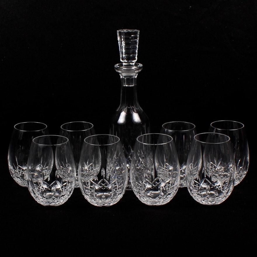 Waterford Crystal "Lismore" Wine Decanter and Stemless Wine Glasses