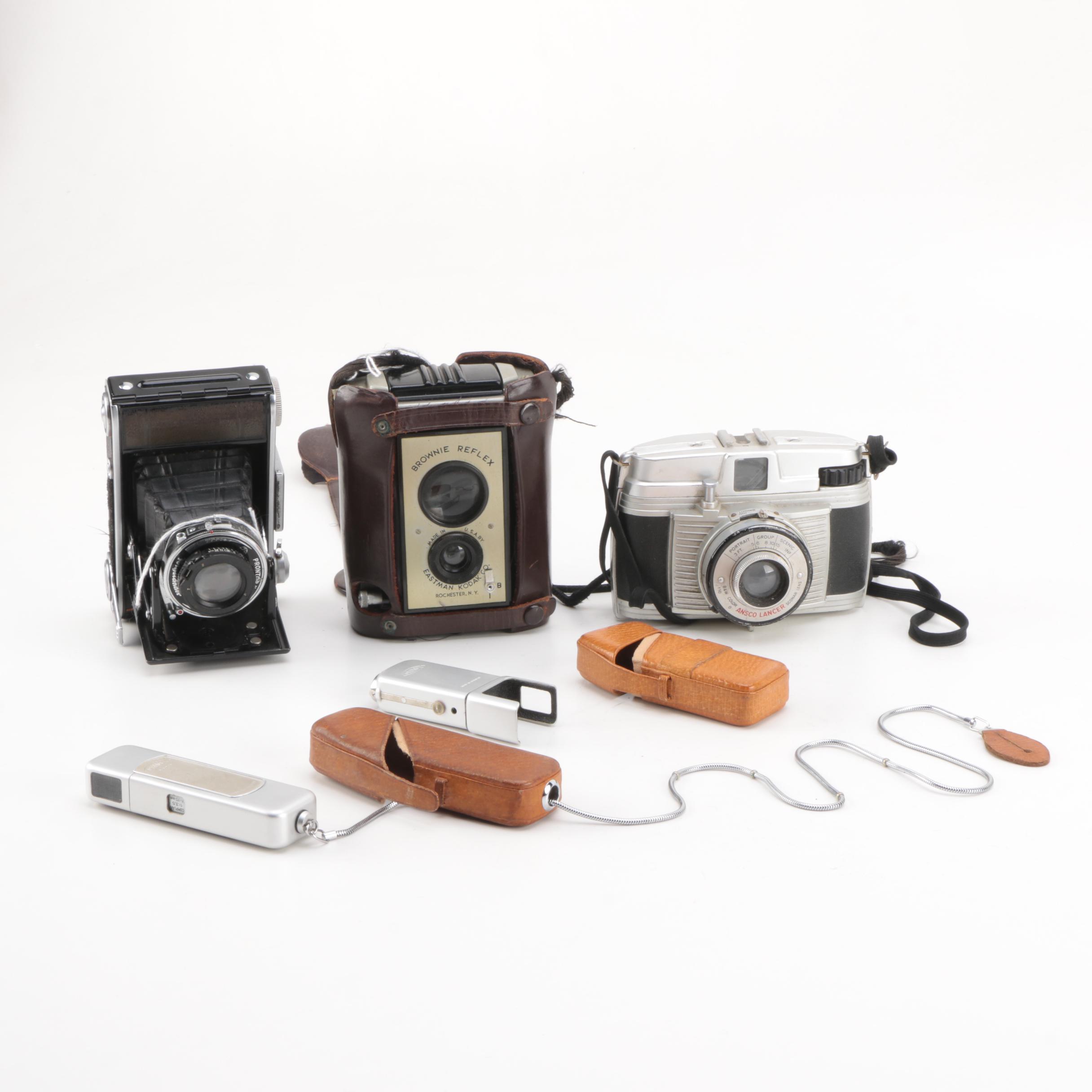 Vintage Minox Wetzlar, Voigtlander, Ansco Lancer, and Kodak Brownie Reflex Cameras