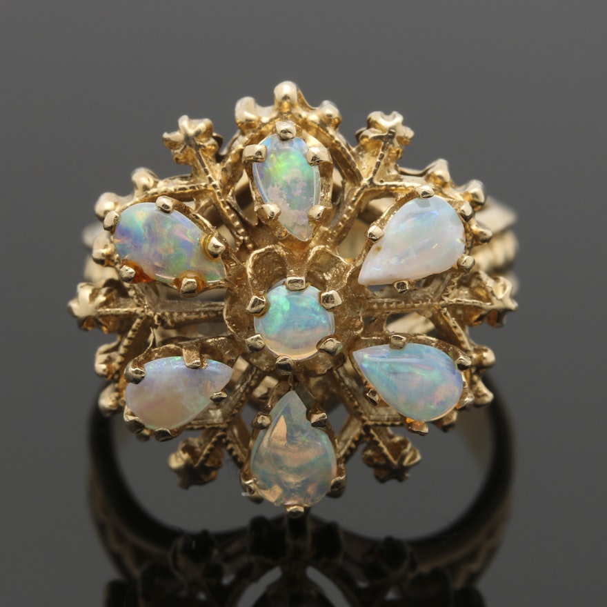 14K Yellow Gold Opal Flower Motif Ring