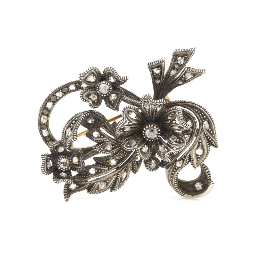 Georgian Sterling Silver and 18K Yellow Gold Diamond Brooch