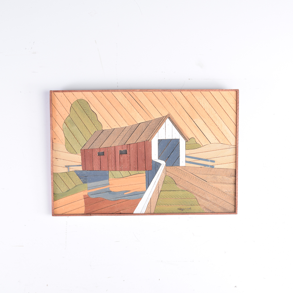 Theodore DeGroot Lath Art Wall Hanging of Covered Bridge