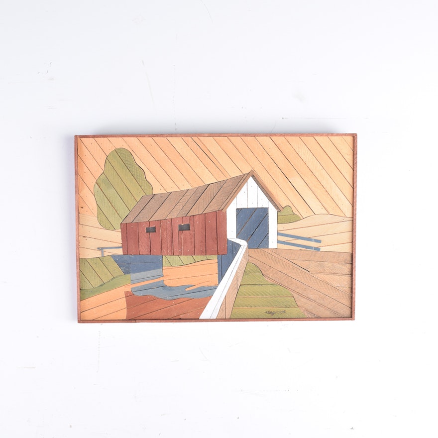 Theodore DeGroot Lath Art Wall Hanging of Covered Bridge