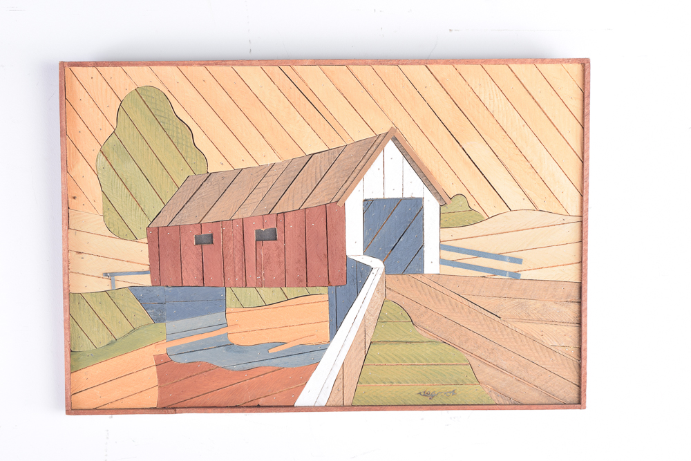 Theodore DeGroot Lath Art Wall Hanging of Covered Bridge