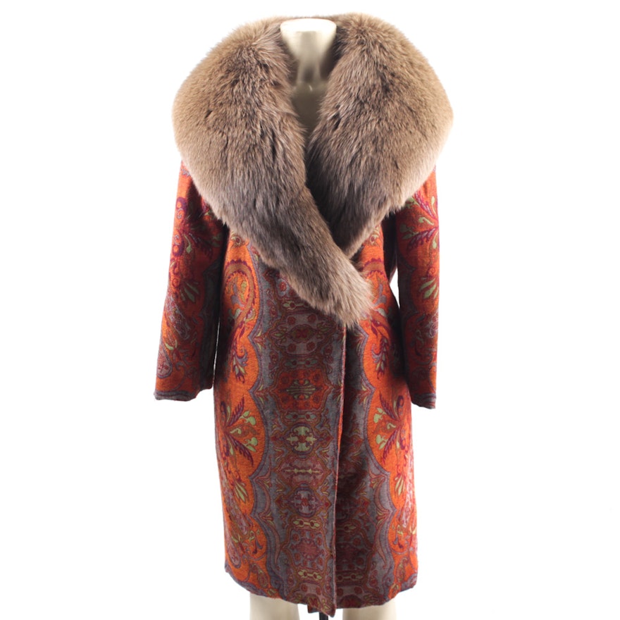 Adrienne Landau Tapestry Coat with Ranched Fox Fur Collar EBTH
