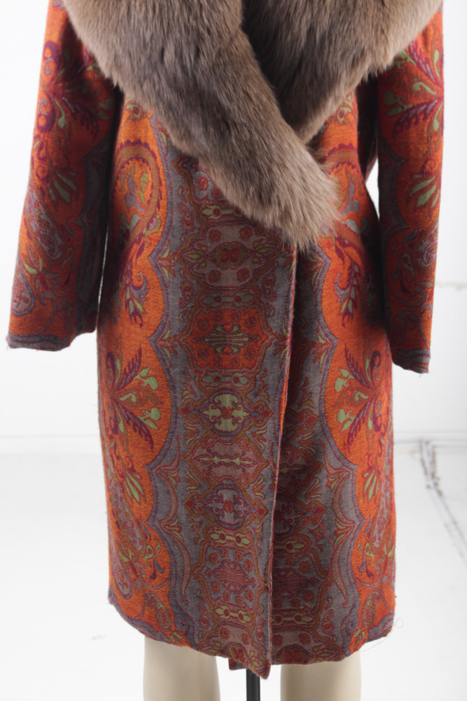 Adrienne Landau Tapestry Coat with Ranched Fox Fur Collar