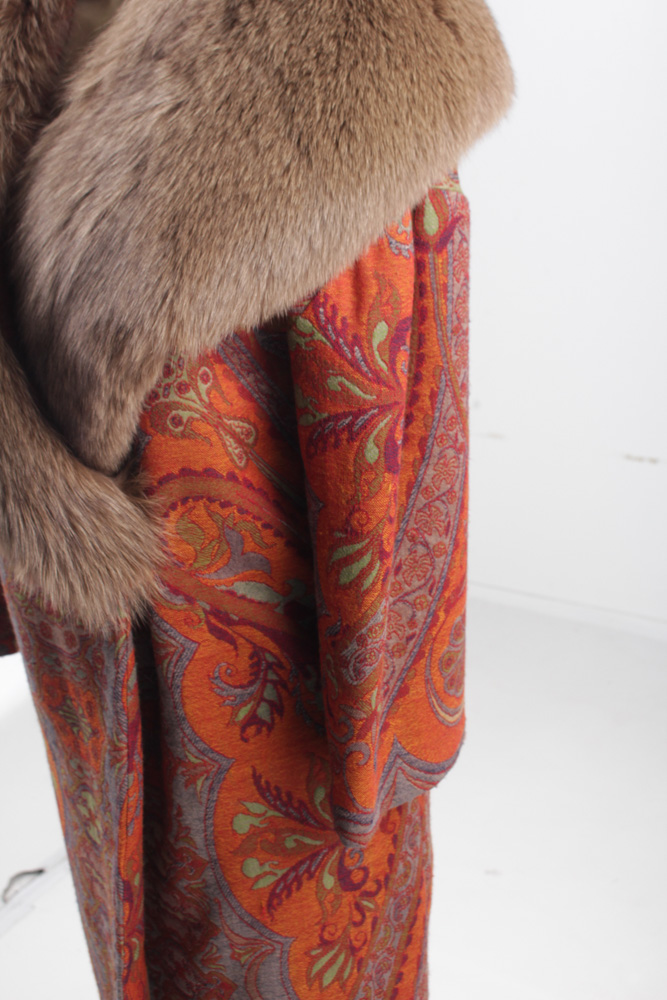 Adrienne Landau Tapestry Coat with Ranched Fox Fur Collar