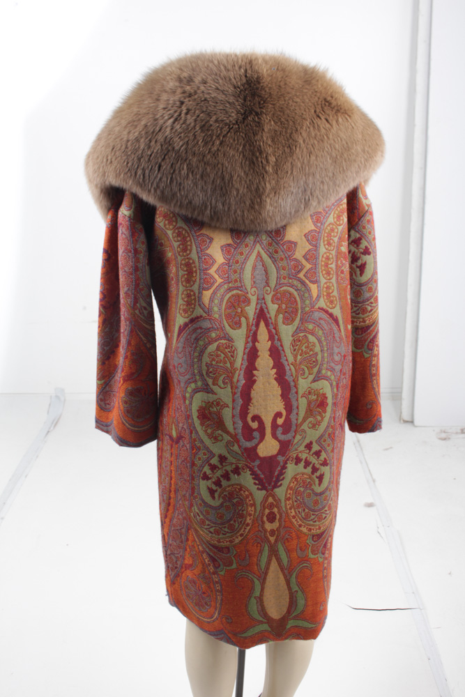 Adrienne Landau Tapestry Coat with Ranched Fox Fur Collar