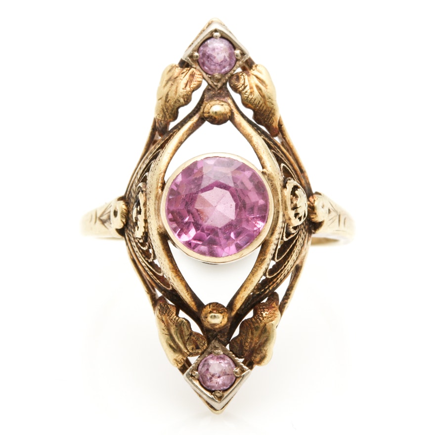 Late 1800's Antique 14K Yellow Gold Pink Sapphire Openwork Ring