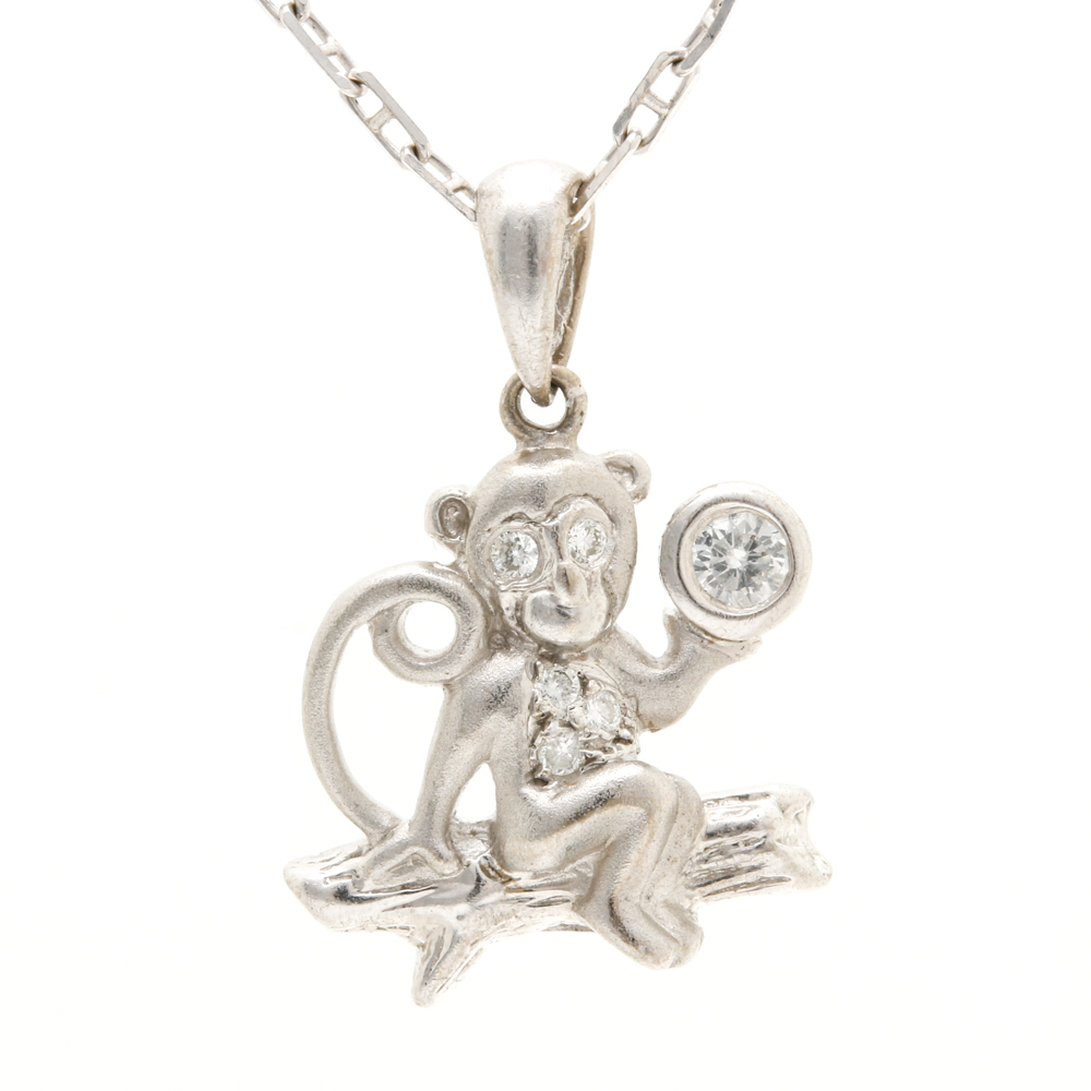 18K White Gold Diamond Monkey Pendant Necklace