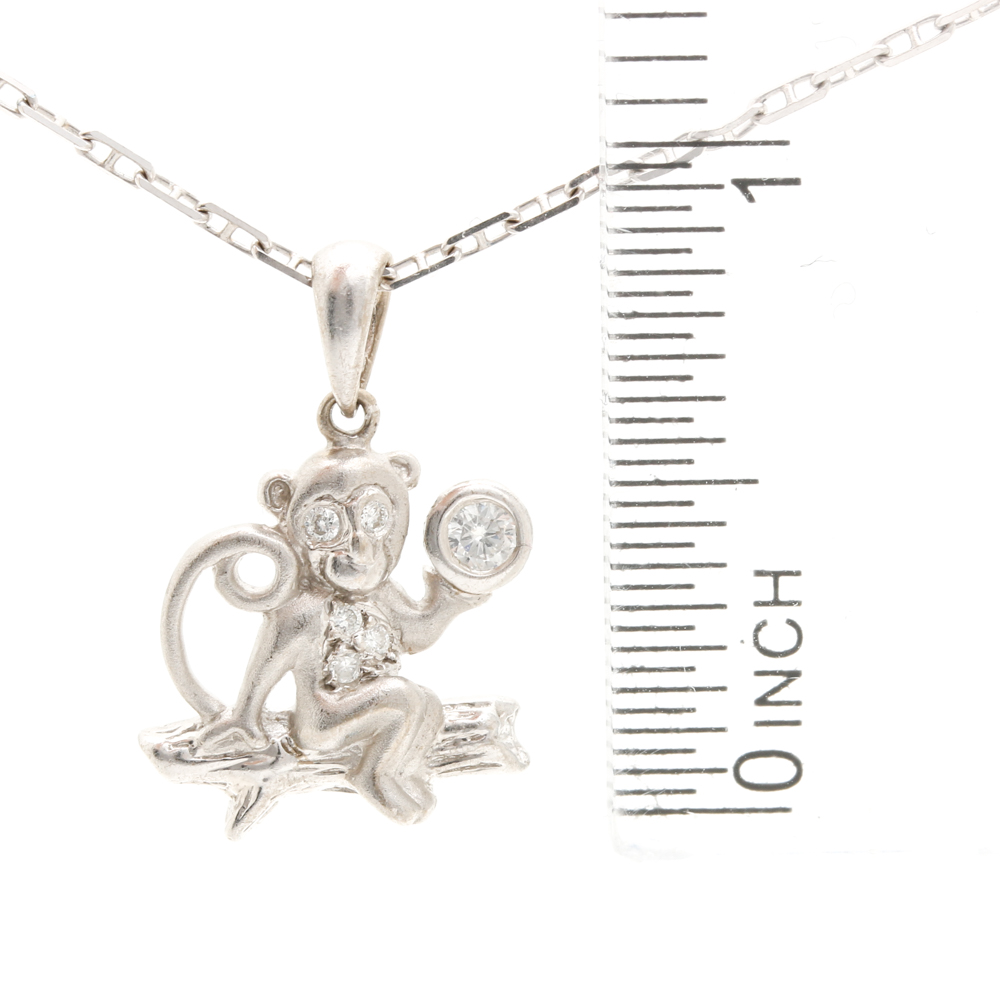 18K White Gold Diamond Monkey Pendant Necklace