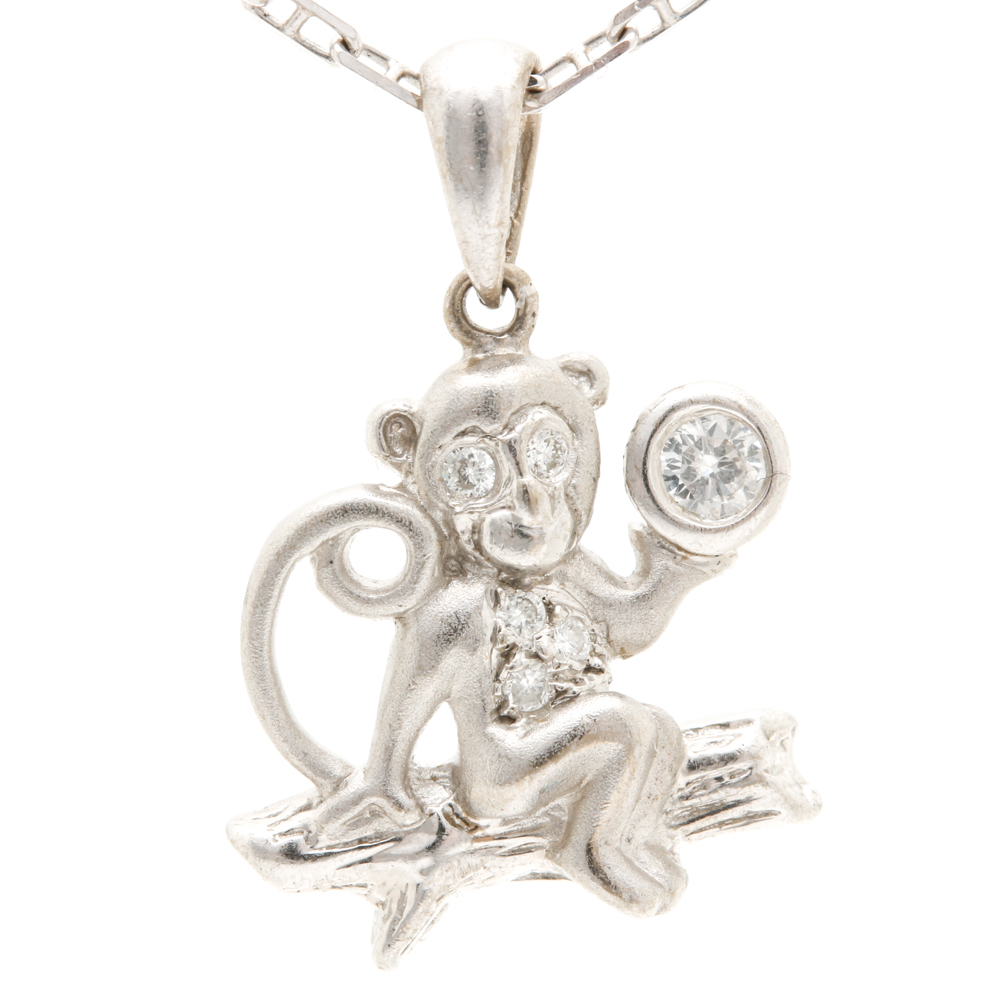 18K White Gold Diamond Monkey Pendant Necklace