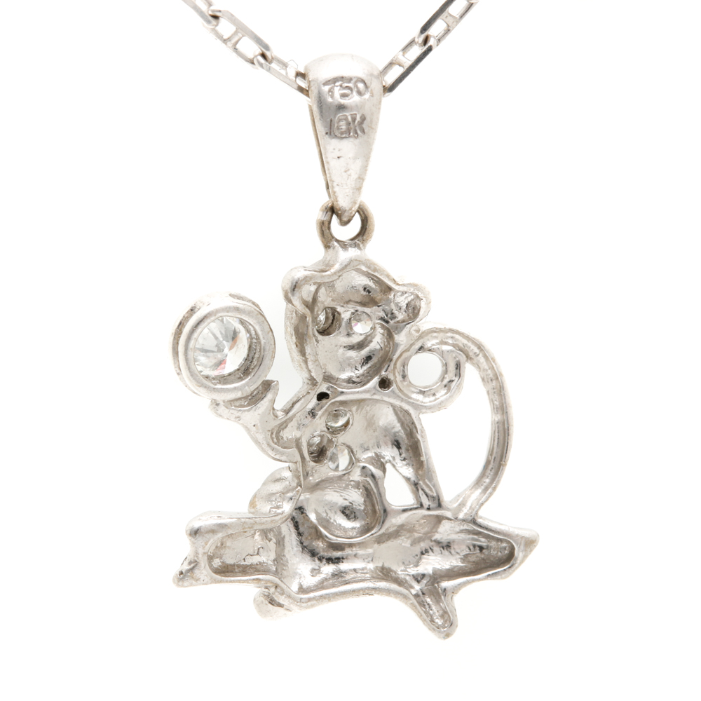 18K White Gold Diamond Monkey Pendant Necklace