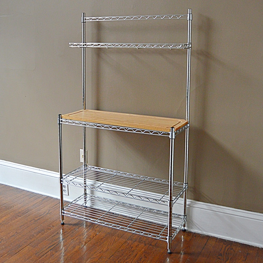 Contemporary Industrial Chrome Shelving Unit with Wood Shelf