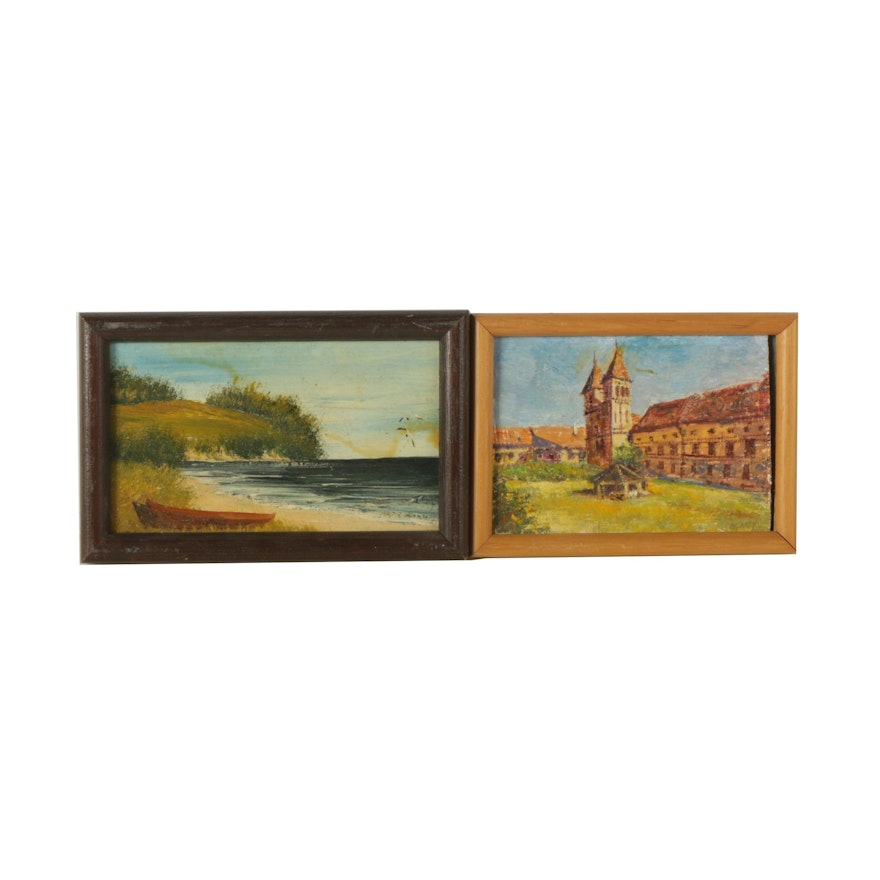 Miniature Oil Paintings on Panel of a Seashore and a Courtyard