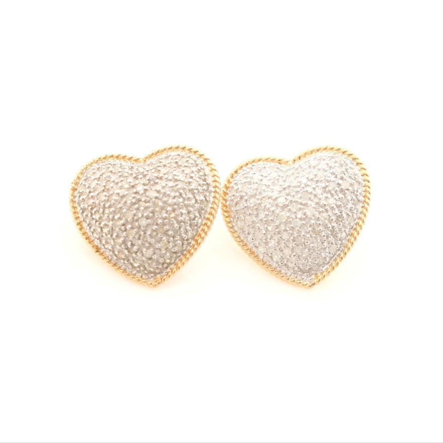 14K White and Yellow Gold Diamond Heart Earrings