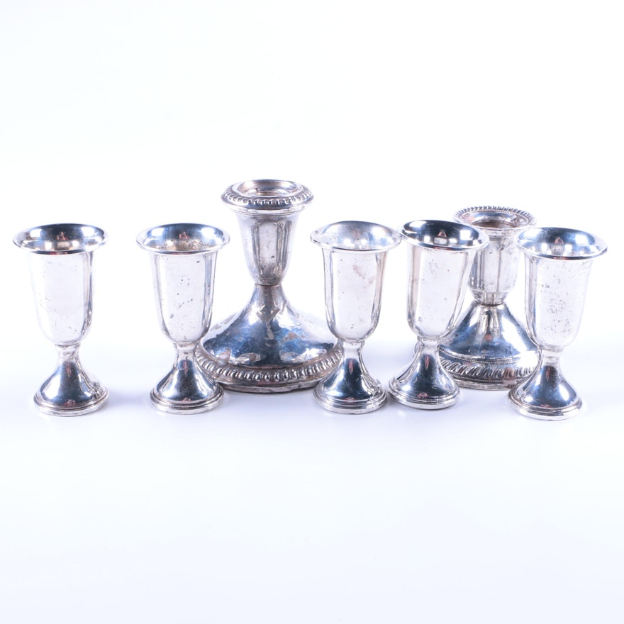 Empire and Duchin Creation Weighted Sterling Candleholders and Cordial Cups