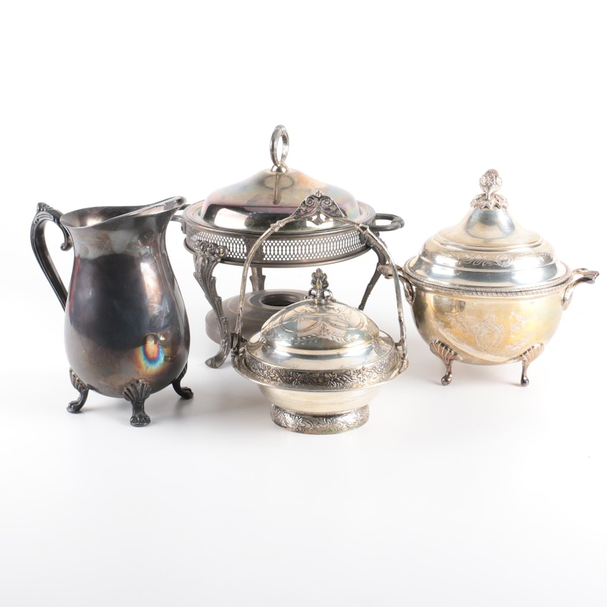 Silver Plate Water Pitcher, Chafing Stand and Footed Serving Dishes