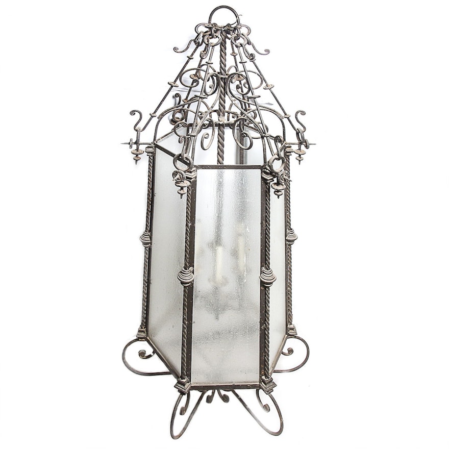 Wrought Iron Chandelier with Hexagonal Glass Shade