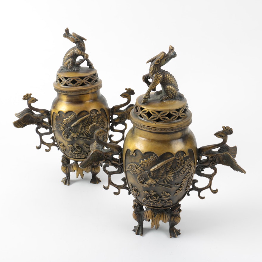 Pair of Chinese Bronze Censers in a Dragon and Phoenix Motif