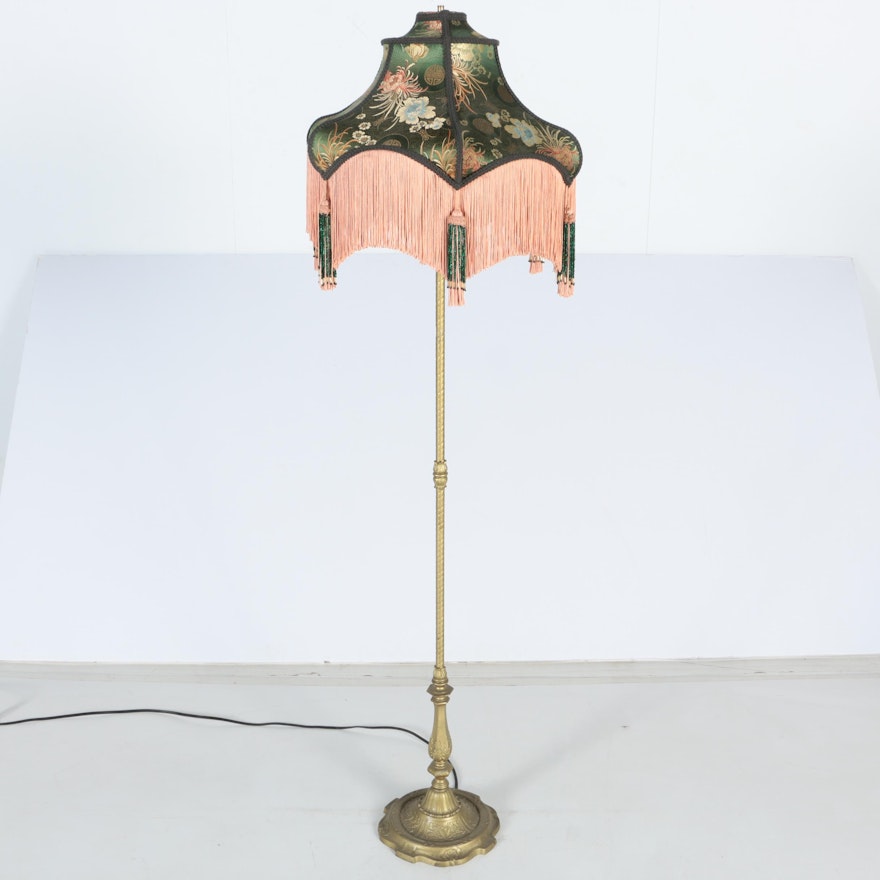 Vintage Brass Floor Lamp with Chinoiserie Shade