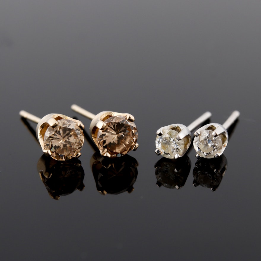 Two Pairs of 14K Gold Diamond Stud Earrings