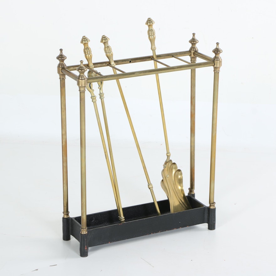 Vintage Brass Fireplace Tool Storage Rack with Tools