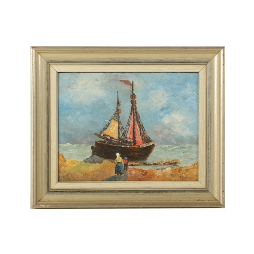 Oil Painting of Figures Watching a Boat