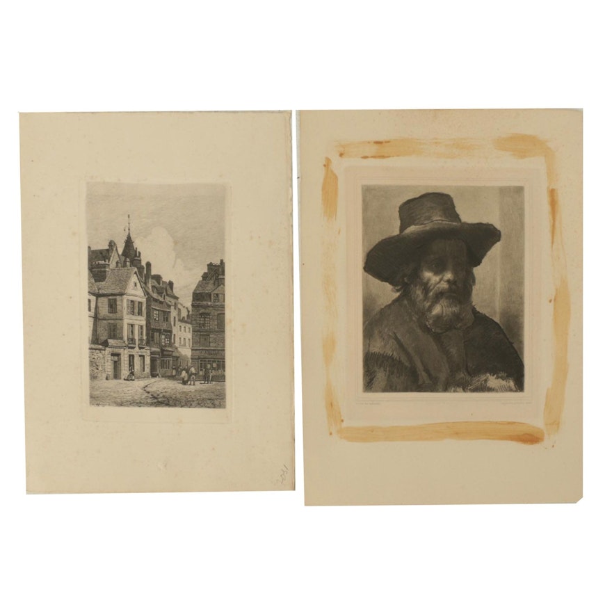 Antique Etchings on Paper Including Portrait After Rembrandt