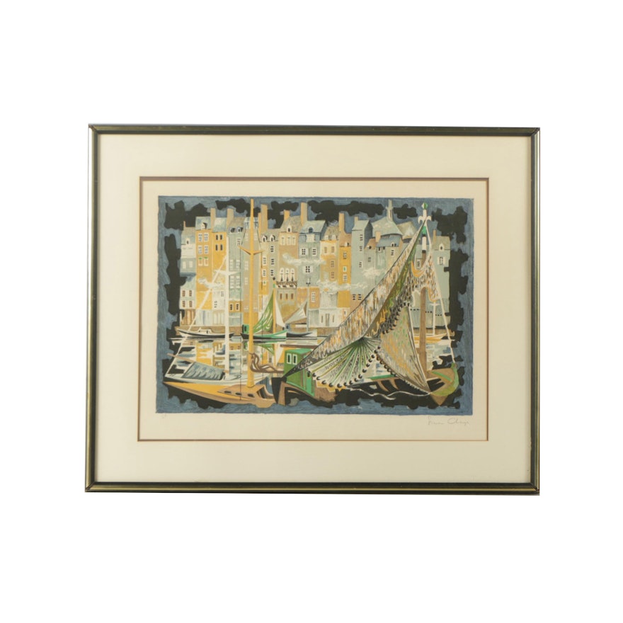 Simon Chaye Circa 1970s Artist's Proof Lithograph on Paper "French Marina"