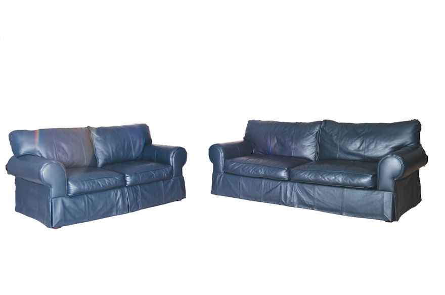 Leatherworks Navy Blue Faux Leather Sofa and Love Seat Set