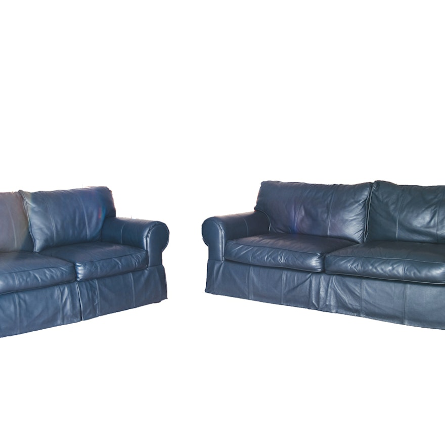 Leatherworks Navy Blue Faux Leather Sofa and Love Seat Set