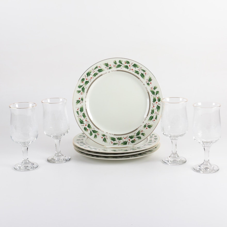 Royal Limited "Holly Holiday" Dinner Plates with Etched Glass Goblets