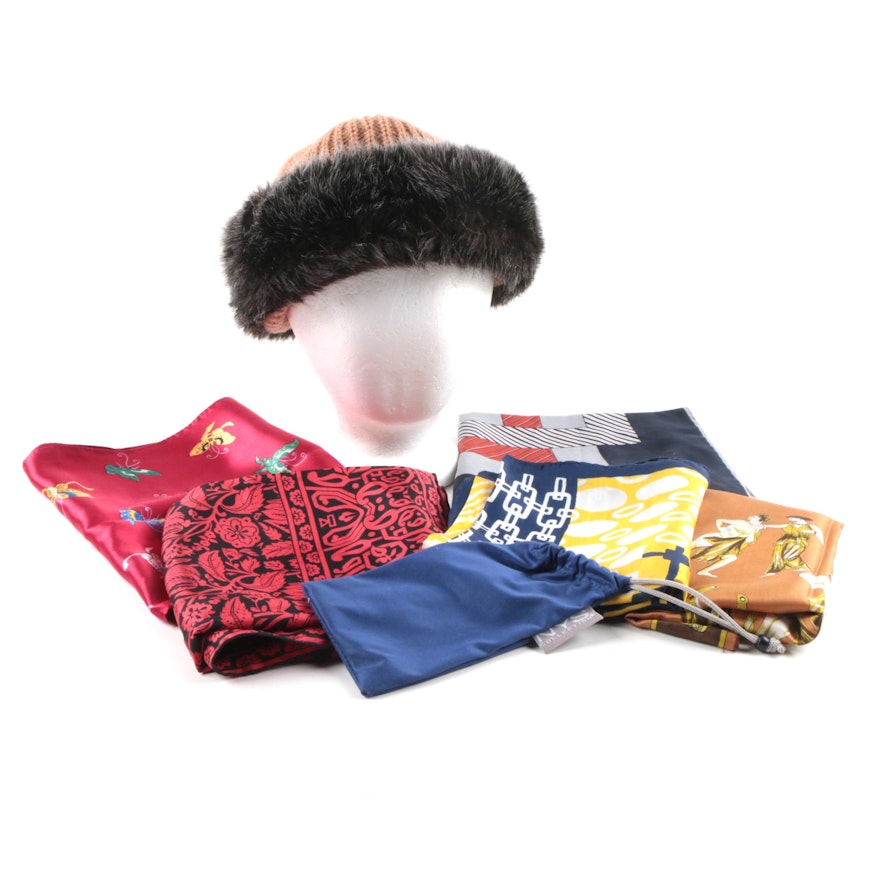 Women's Accessories Including Faux Fur Hat and Vintage Scarves