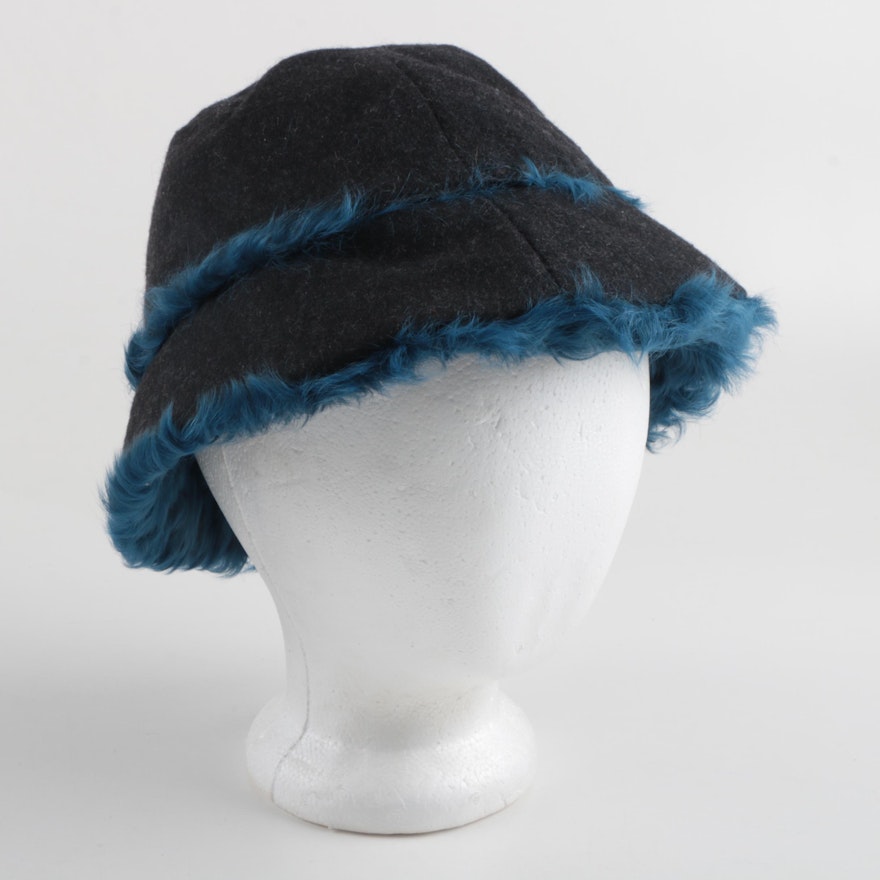 Dolce&Gabbana Grey Felt and Blue Dyed Shearling Bucket Hat