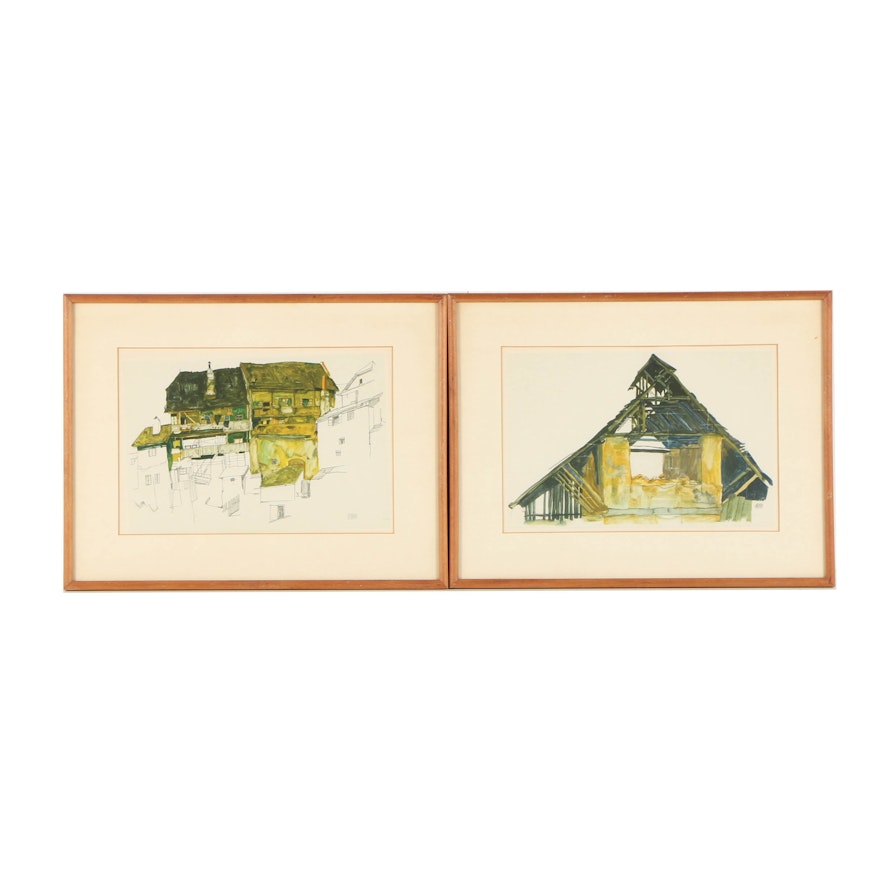 Offset Lithographs After Egon Schiele "Old Houses in Krumau" and "Old Gable"