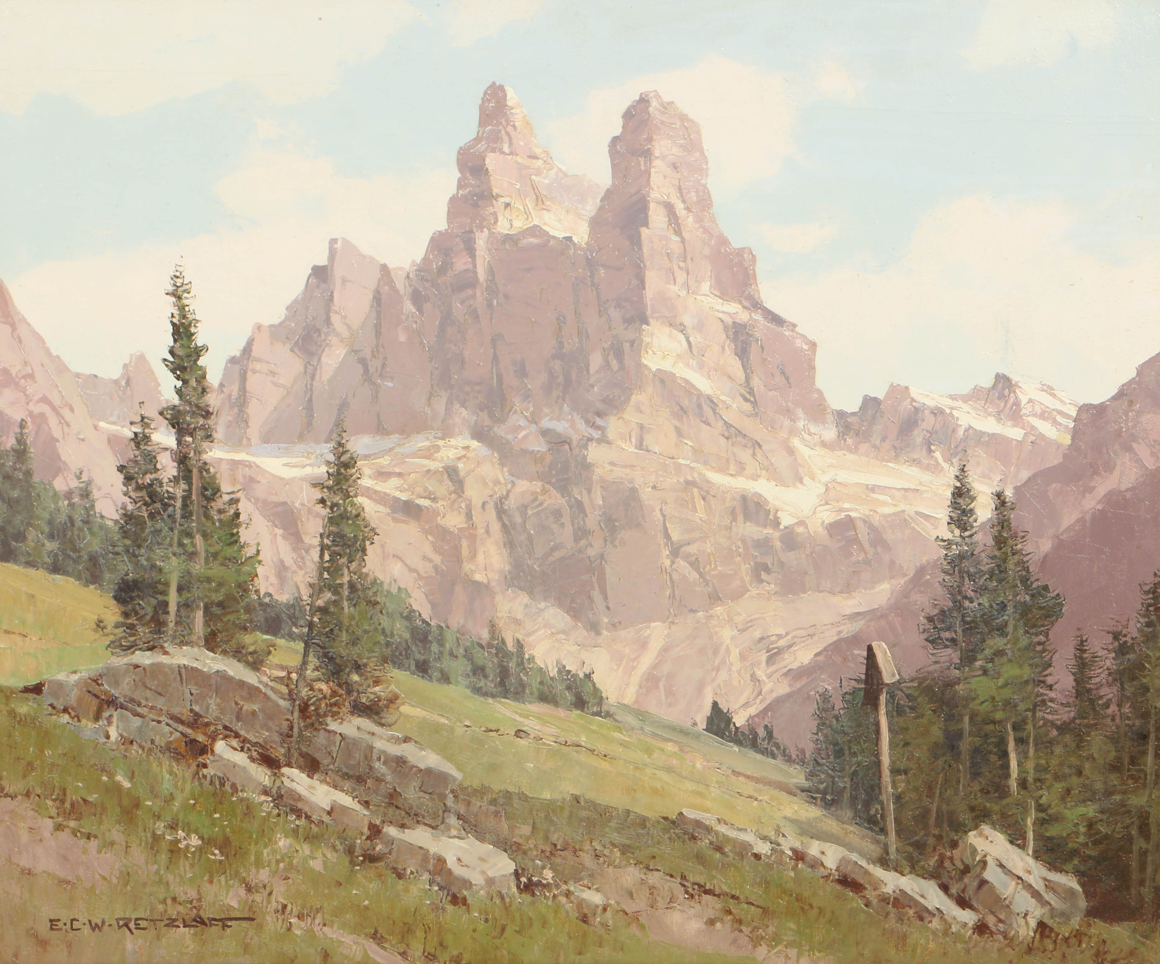 Ernst Carl Walter Retzlaff Oil Painting on Canvas of Swiss Alps Landscape